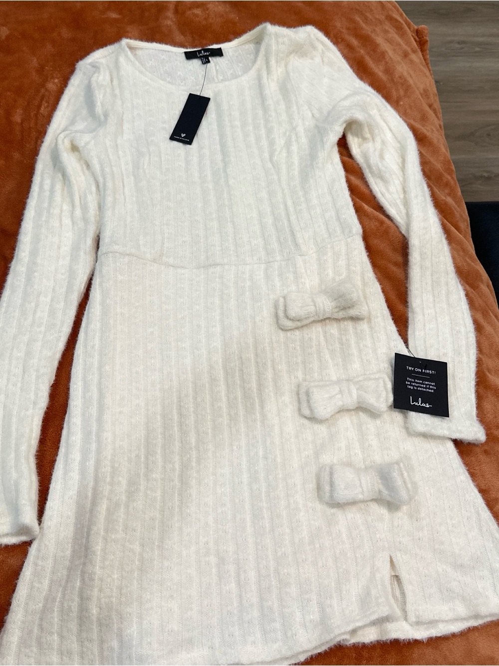 Lulu's Cream Long-Sleeve Ribbed Knit Dress with Bow Appliqués